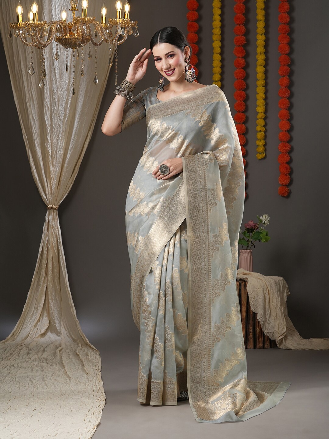 

Saree mall Grey & Gold-Toned Woven Design Zari Organza Chanderi Sarees