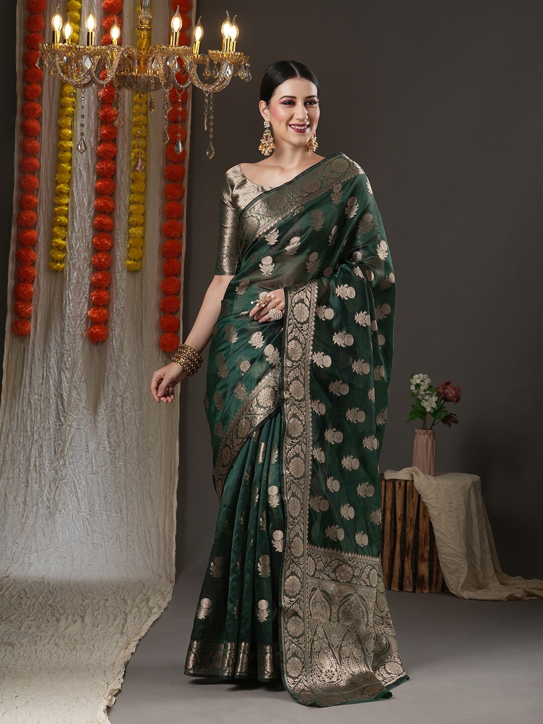 

Saree mall Green & Gold-Toned Woven Design Zari Organza Bagh Sarees