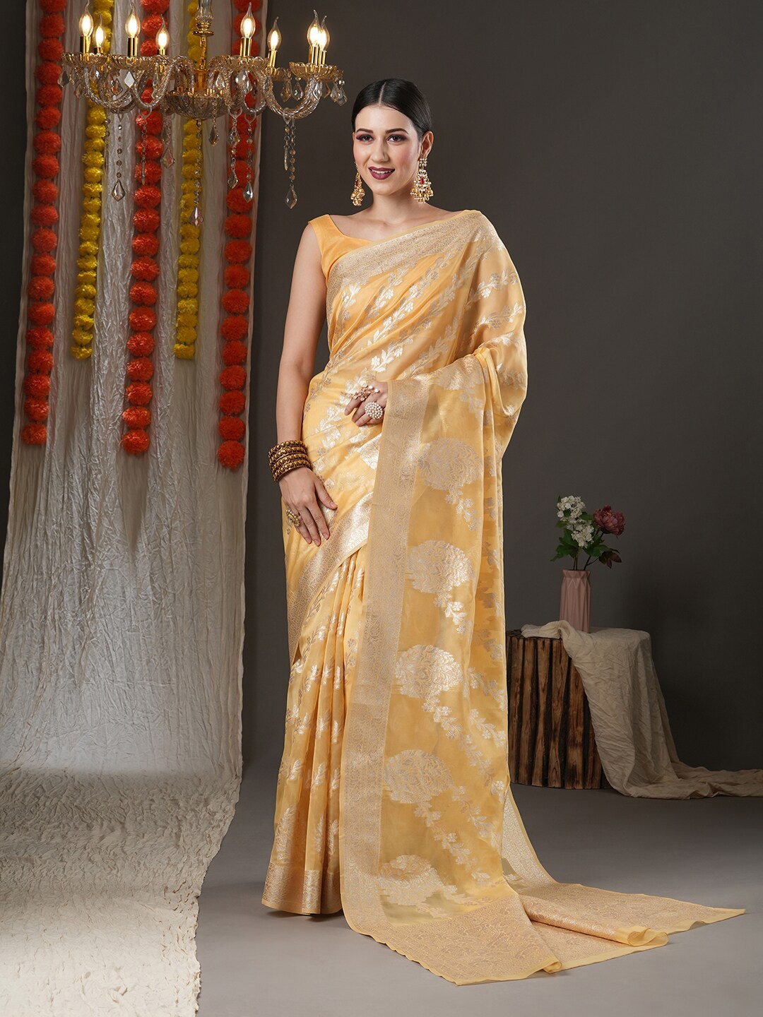 

Saree mall Yellow & Gold-Toned Woven Design Zari Organza Leheriya Sarees