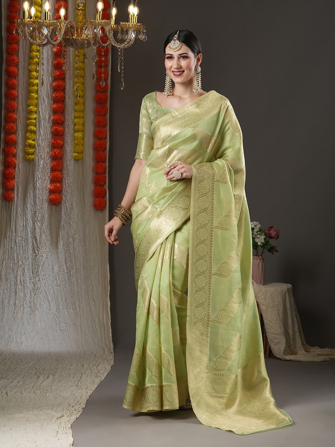 

Saree mall Green & Gold-Toned Woven Design Zari Organza Chanderi Sarees