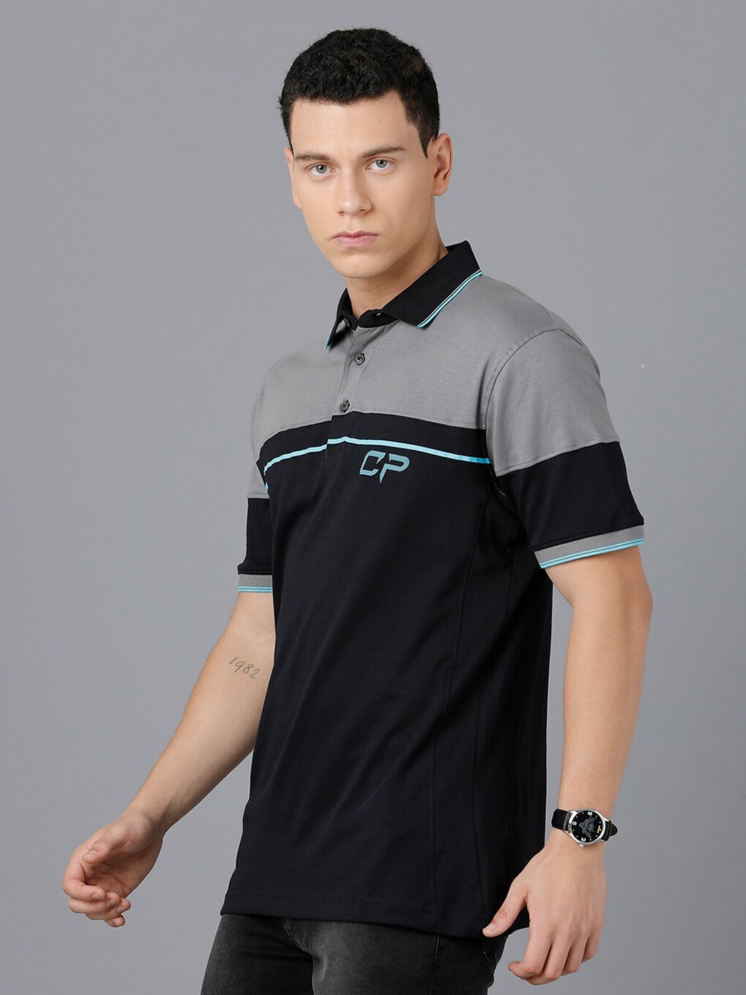 

Classic Polo Men Black & Grey Colourblocked Polo Collar Slim Fit Cotton T-shirt