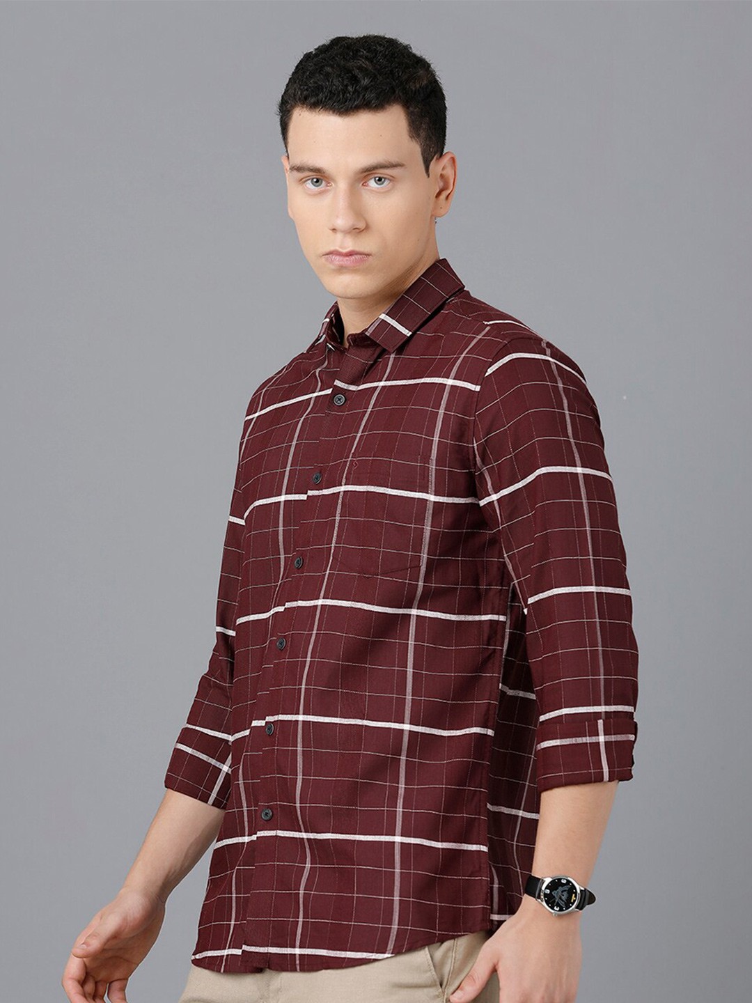 

Classic Polo Men Maroon Slim Fit Windowpane Checked Cotton Casual Shirt