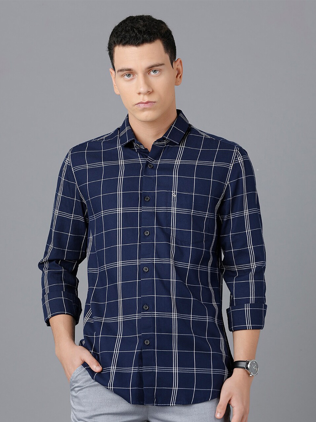 

Classic Polo Men Blue Slim Fit Tartan Checked Cotton Casual Shirt