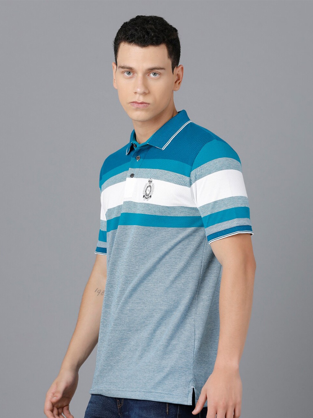 

Classic Polo Men Blue & White Colourblocked Polo Collar Slim Fit Cotton T-shirt
