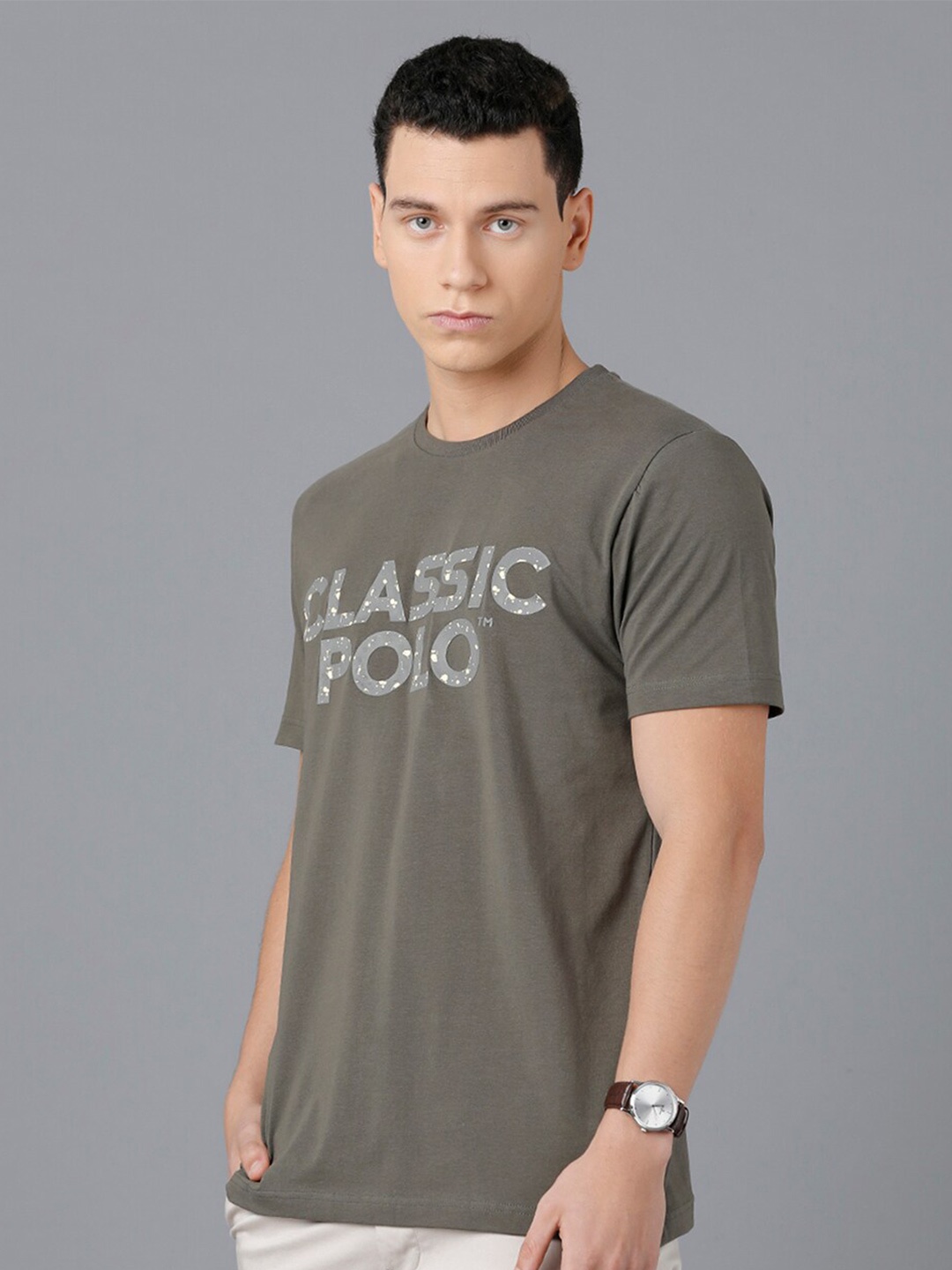 

Classic Polo Men Olive Green Typography Printed Slim Fit Cotton T-shirt