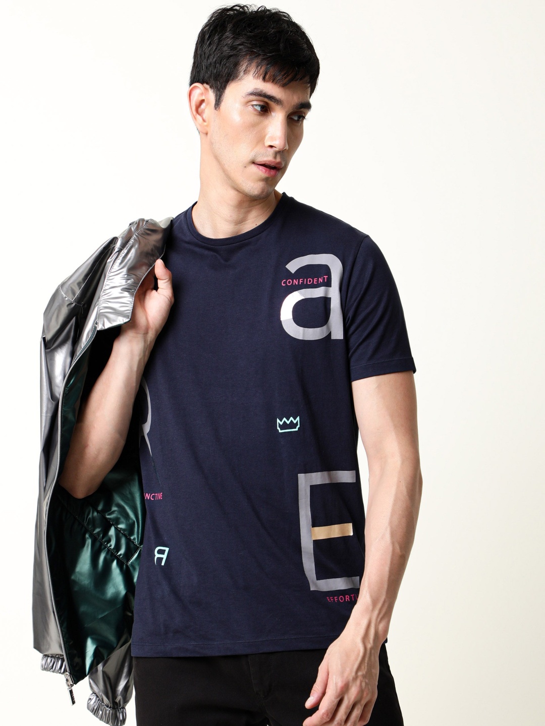 RARE RABBIT Men Molta Slim Fit Typography Printed T-Shirt, Navy blue