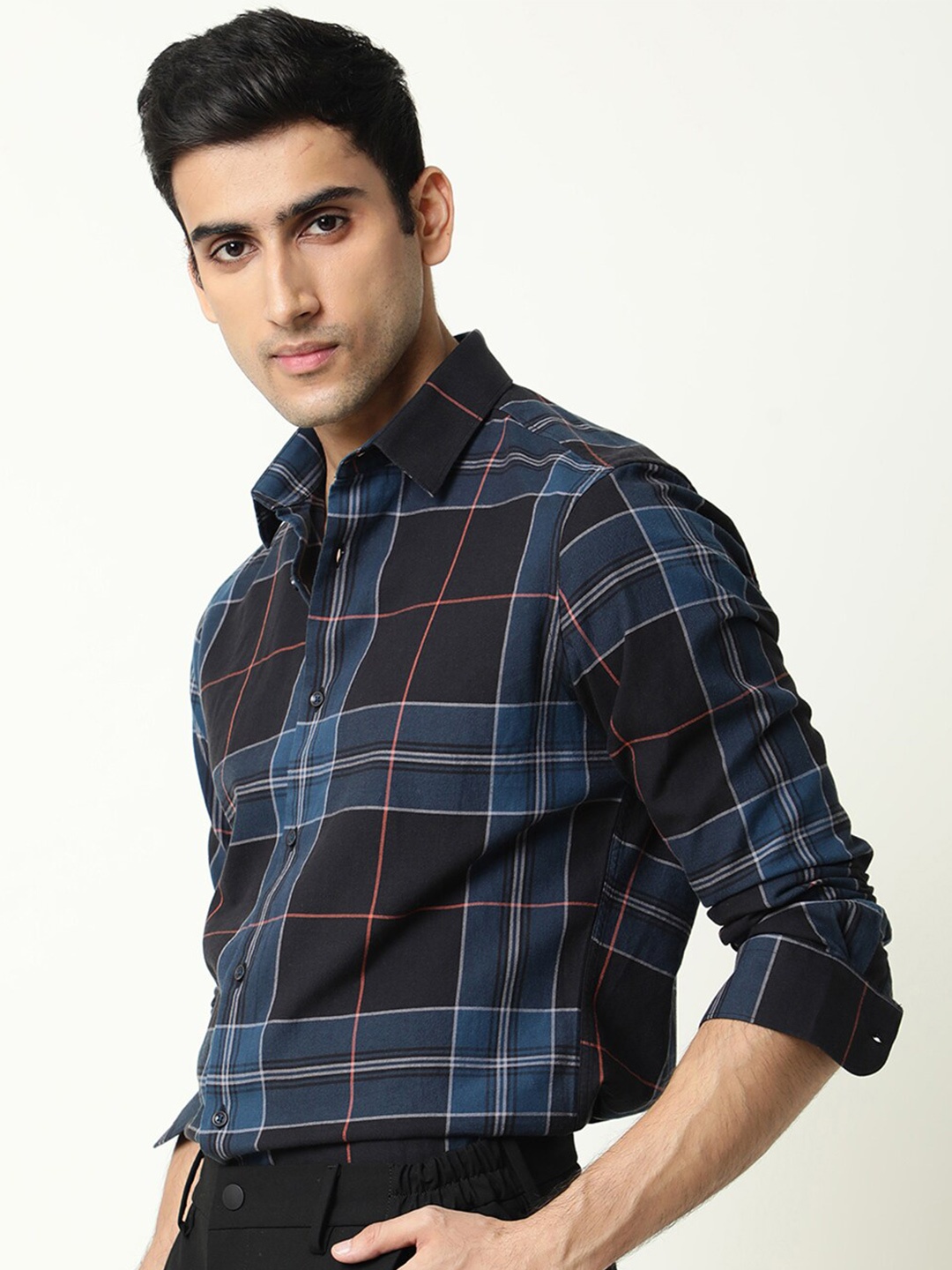 

RARE RABBIT Men Tantra Slim Fit Tartan Check Cotton Shirt, Blue