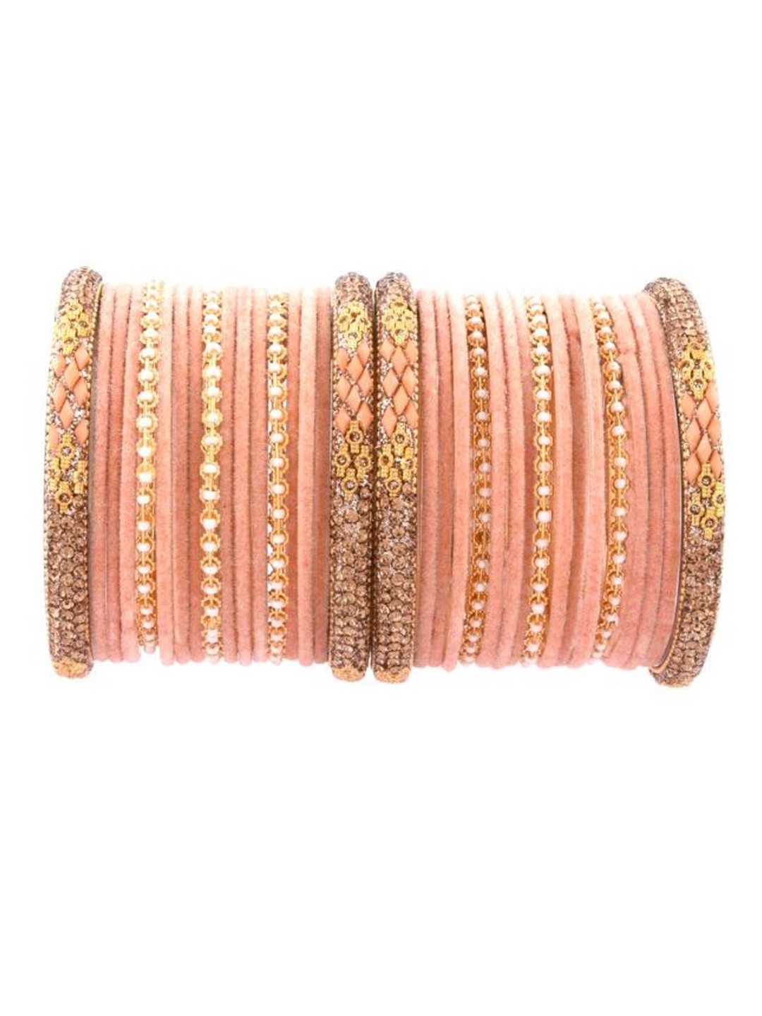 

Efulgenz Peach & Gold-Toned Set Of 34 Stone-Studded & Beaded Gold-Plated Bangles