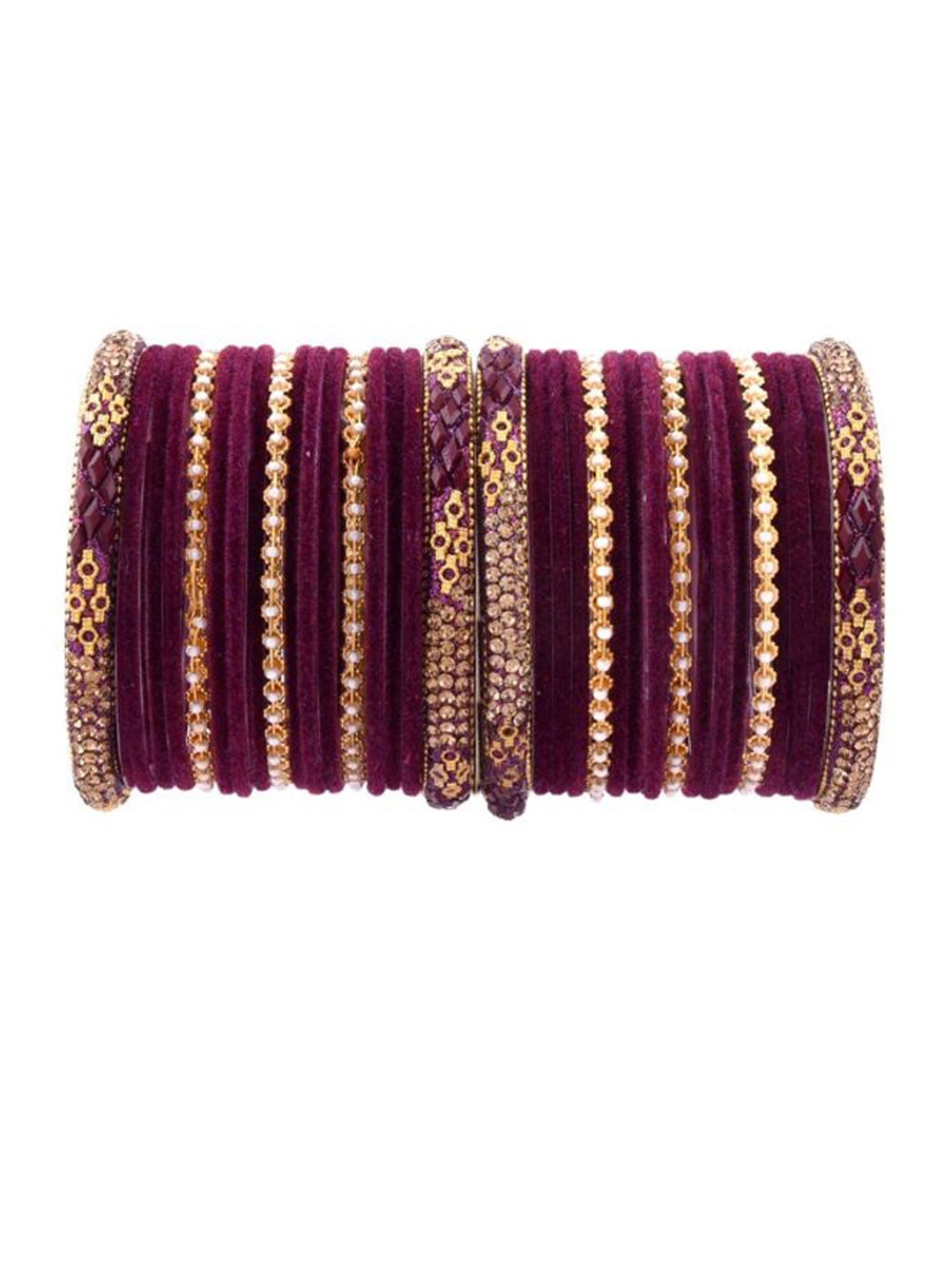 

Efulgenz Purple & Gold-Toned Set Of 34 Stone Studded & Beaded Gold-Plated Bangles