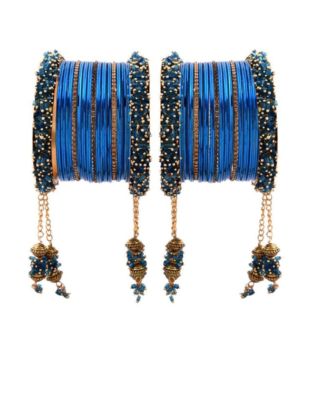 

Efulgenz Blue & Gold-Toned Set Of 34 Crystal Studded & Beaded Gold-Plated Bangles