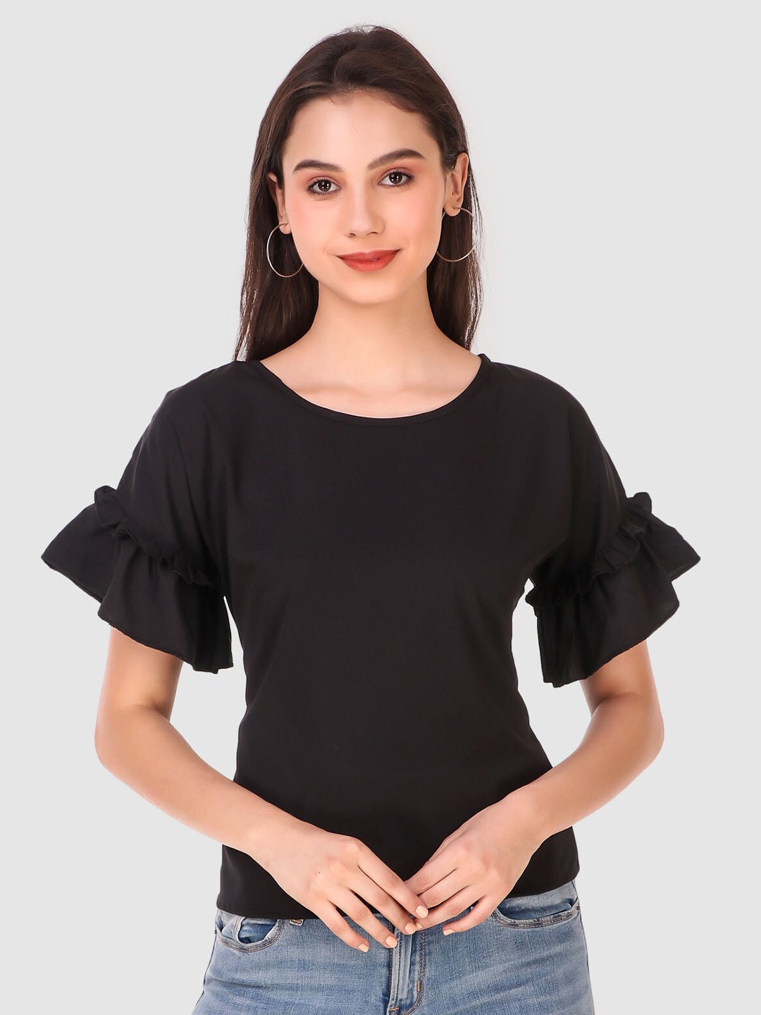 

Womenster Black Crepe Bell Sleeve Top