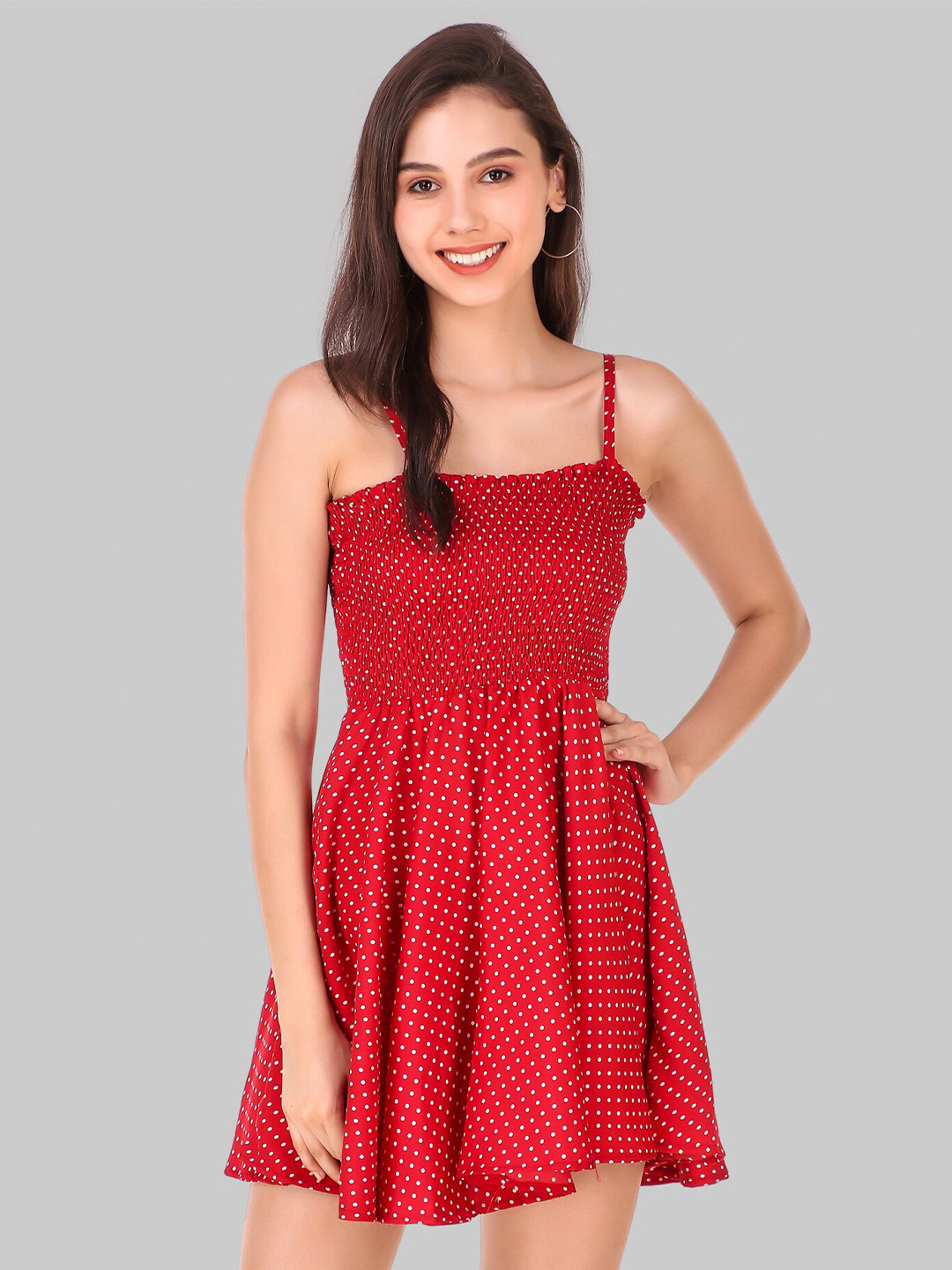 

Womenster Red Crepe Smocked Mini Dress