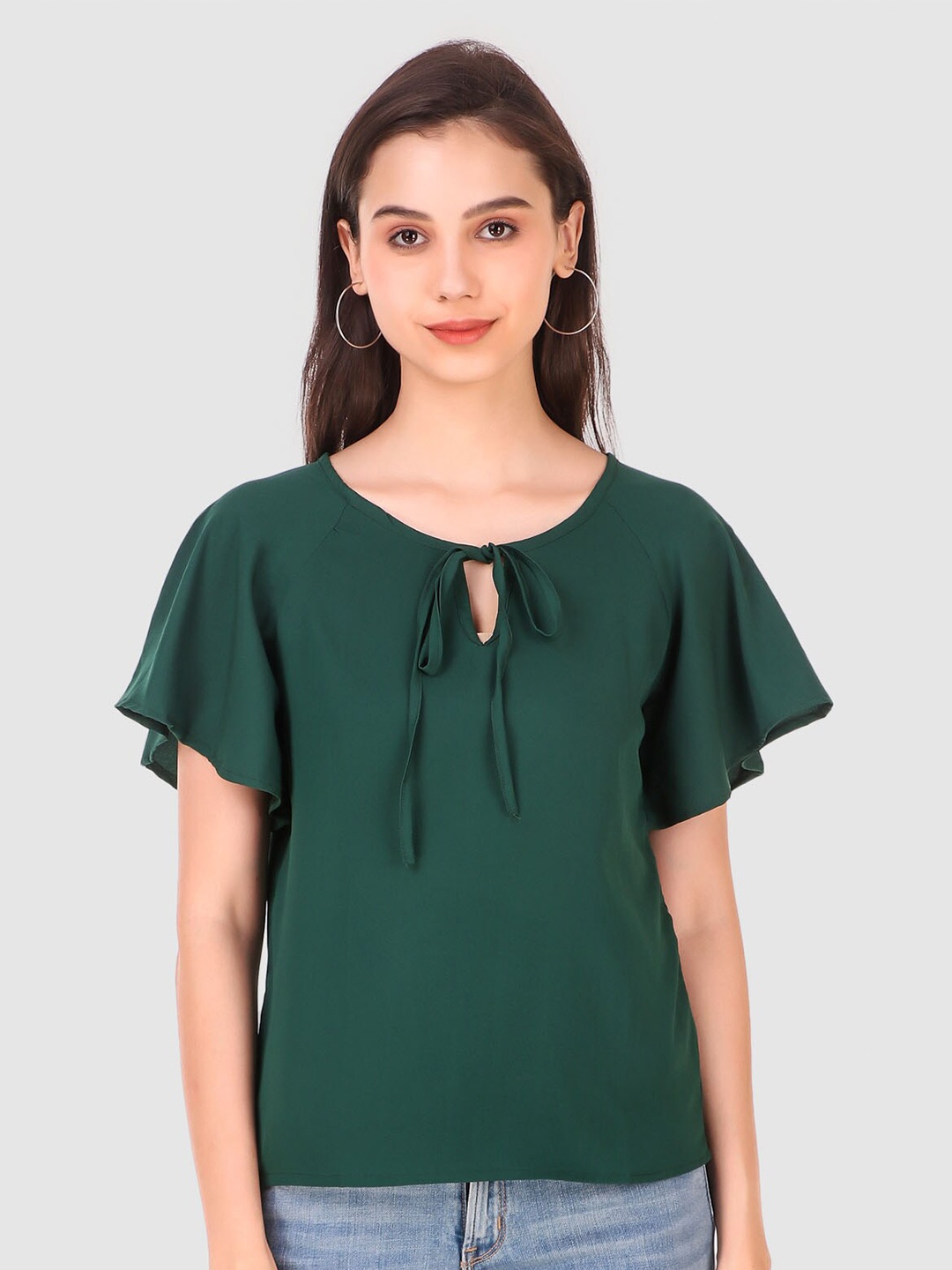 

Womenster Green Tie-Up Neck Crepe Top
