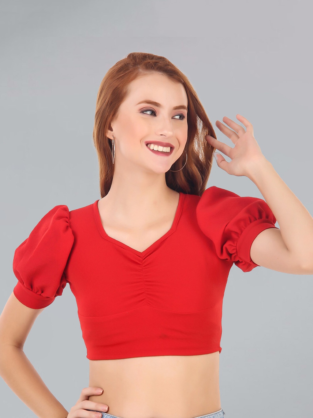 

Womenster Red Sweetheart Neck Crepe Crop Top