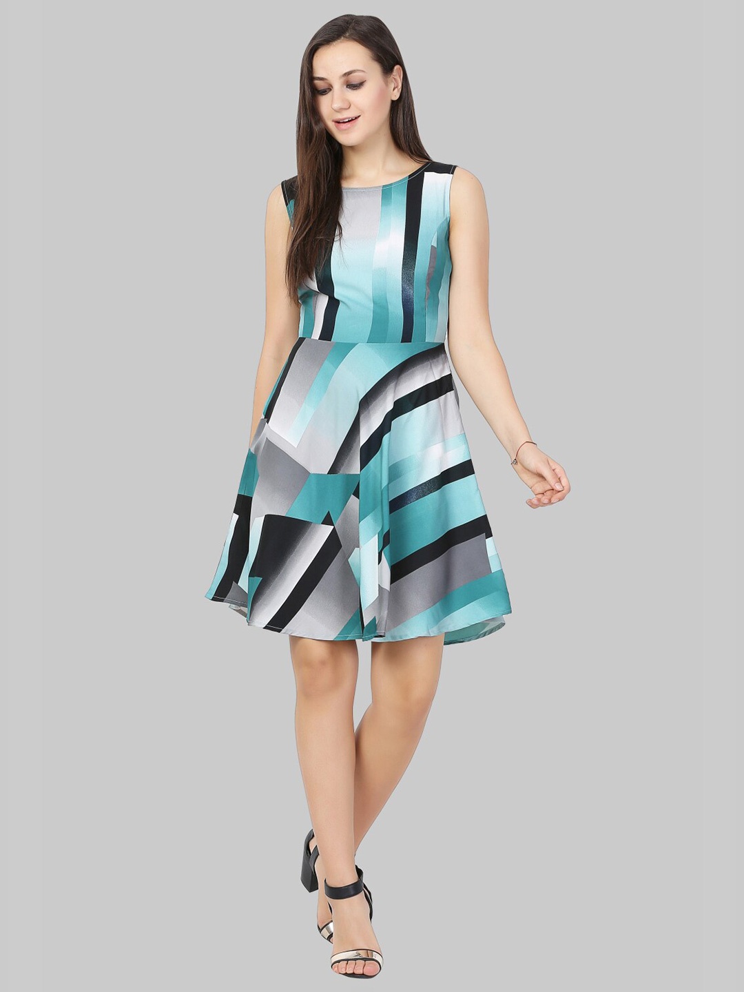 

Womenster Turquoise Blue Striped Crepe Dress