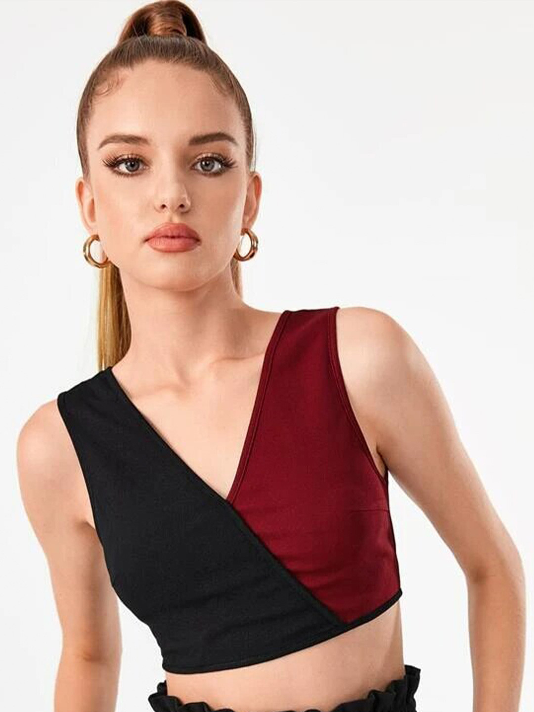 

Womenster Black & Maroon Colourblocked Wrap Crop Top