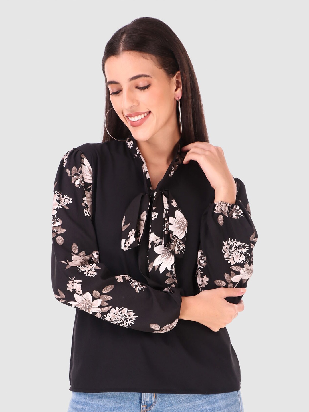 

Womenster Black Floral Print Tie-Up Neck Crepe Top