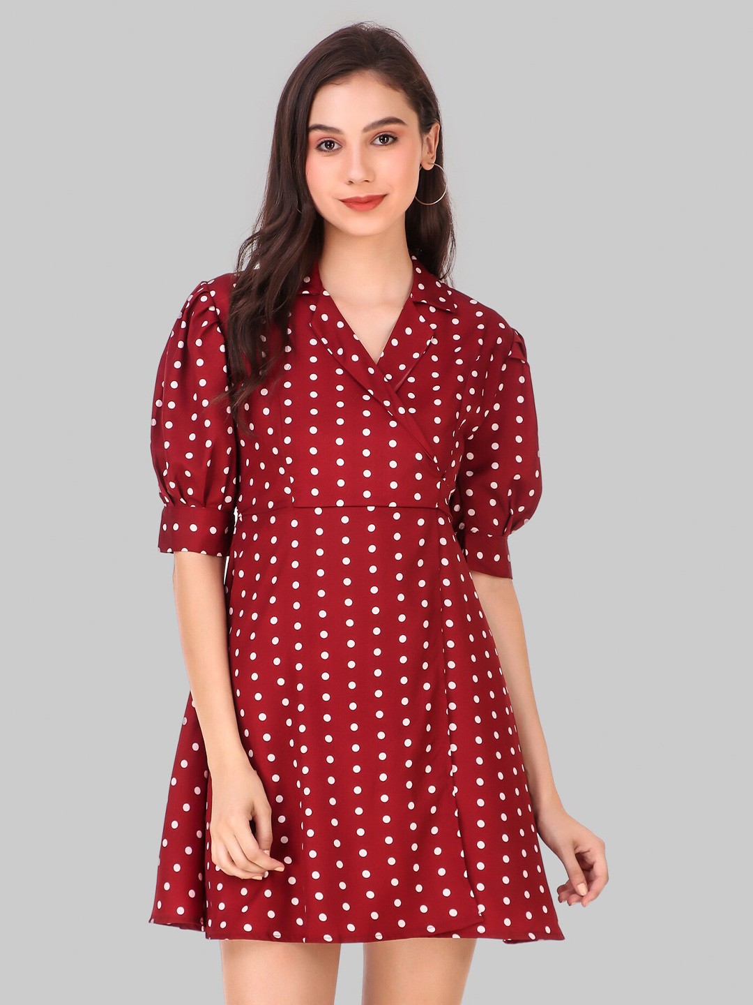 

Womenster Maroon Polka Dots Dress
