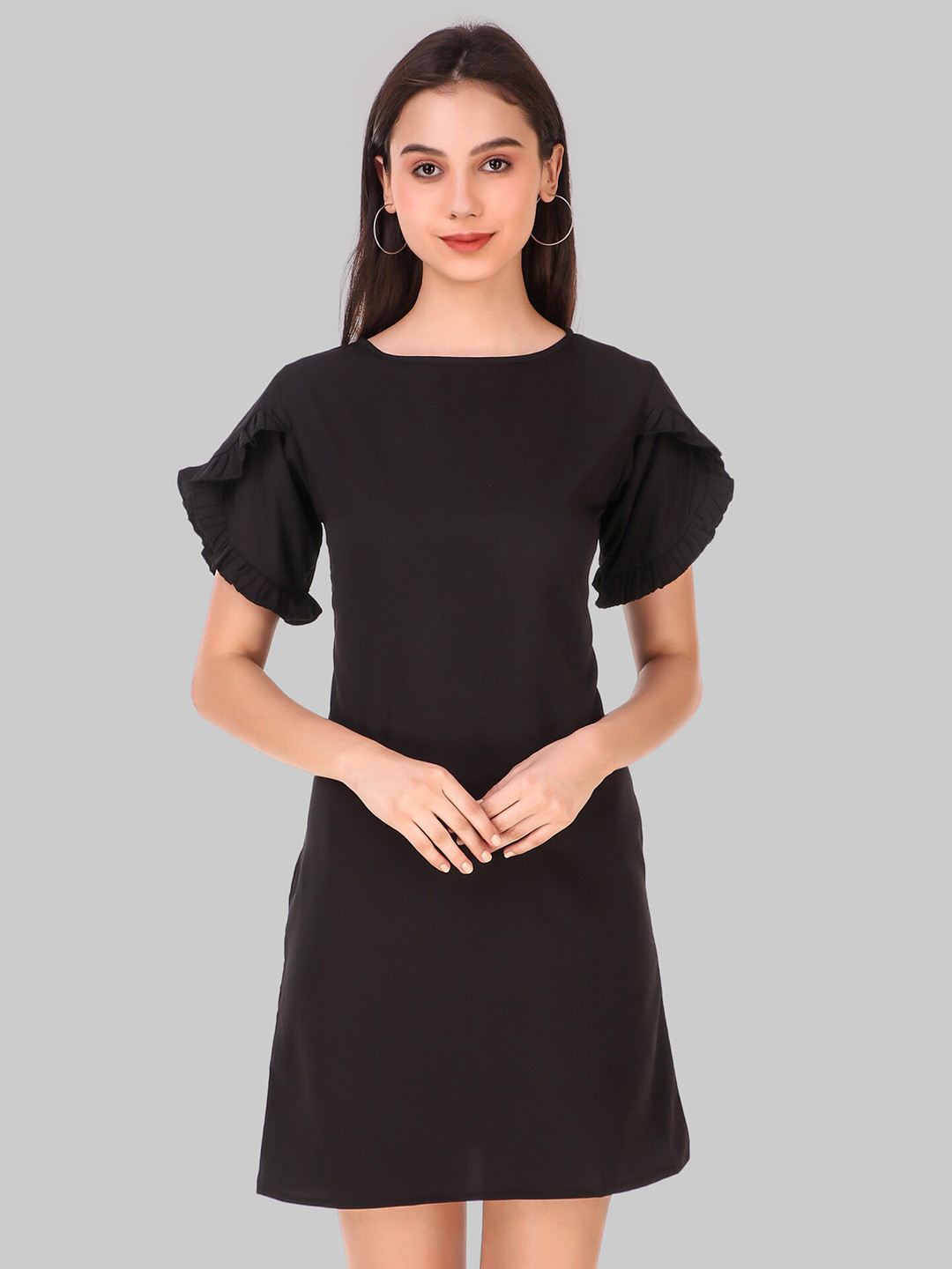 

Womenster Flared Sleeves Round Neck A-Line Dress, Black