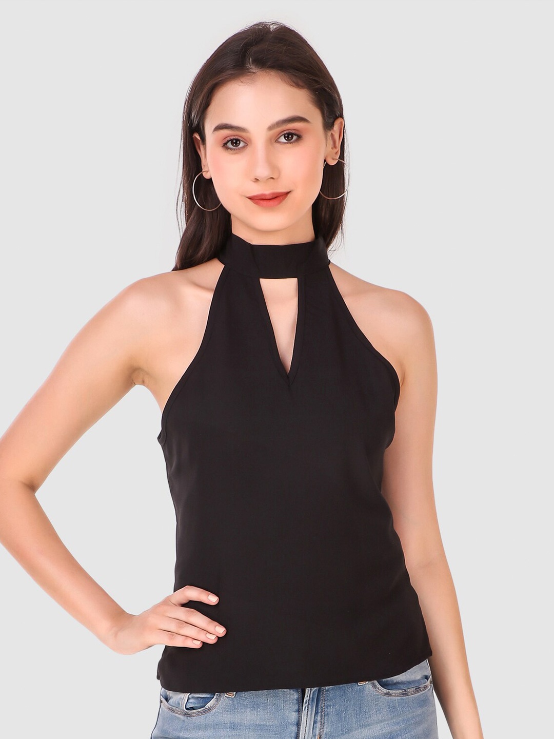 

Womenster Black Halter Neck Crepe Top