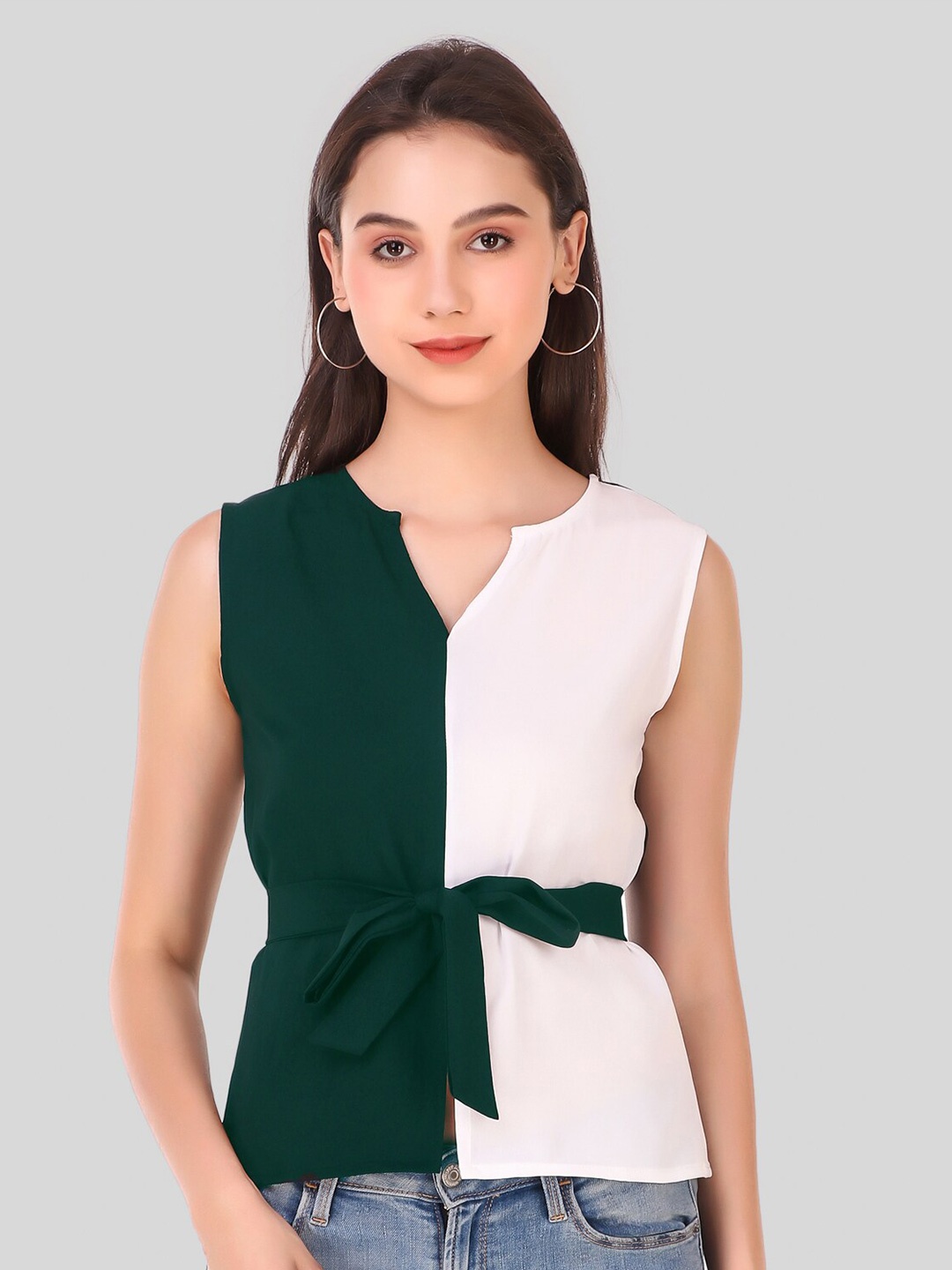 

Womenster Green & Off White Colourblocked Mandarin Collar Crepe Top
