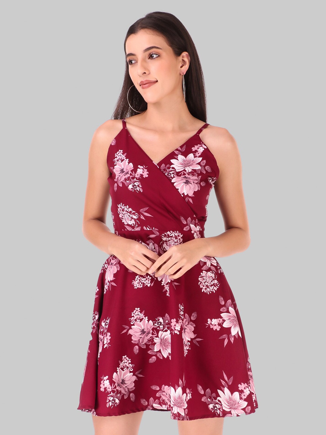

Womenster Maroon Floral Fit and Flare Dress