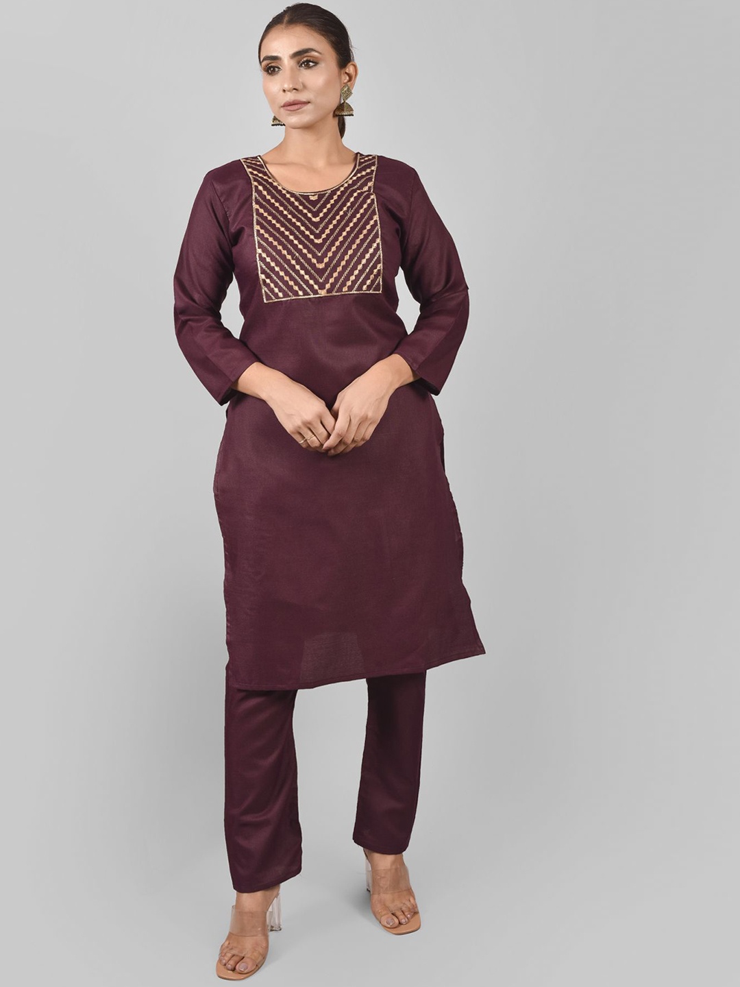 

KALINI Women Purple Ethnic Yoke Design Thread Work Pure Cotton Kurta with Trousers