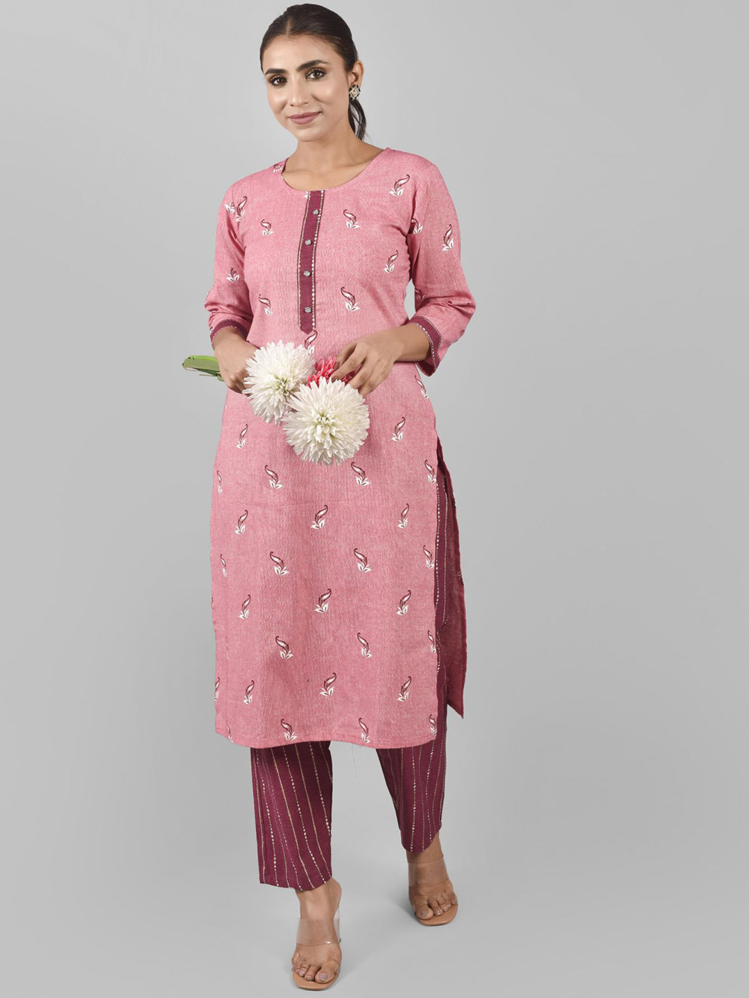 

KALINI Women Pink Ethnic Printed Pure Cotton Kurta with Trousers