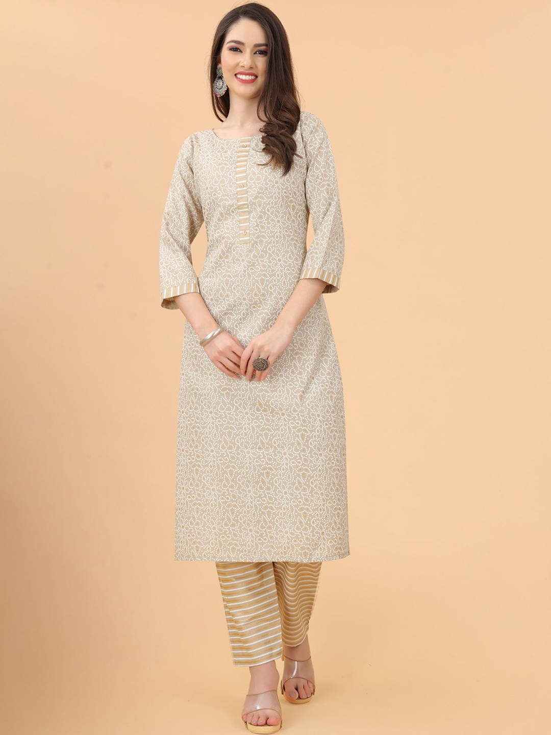 

KALINI Women Cream Bandhani Printed Pure Cotton Kurta with Trousers