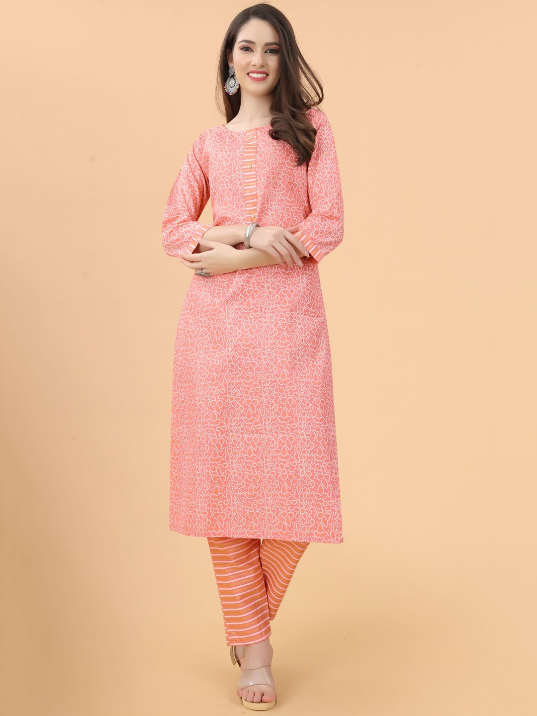 

KALINI Women Peach Bandhani Printed Pure Cotton Kurta with Trousers