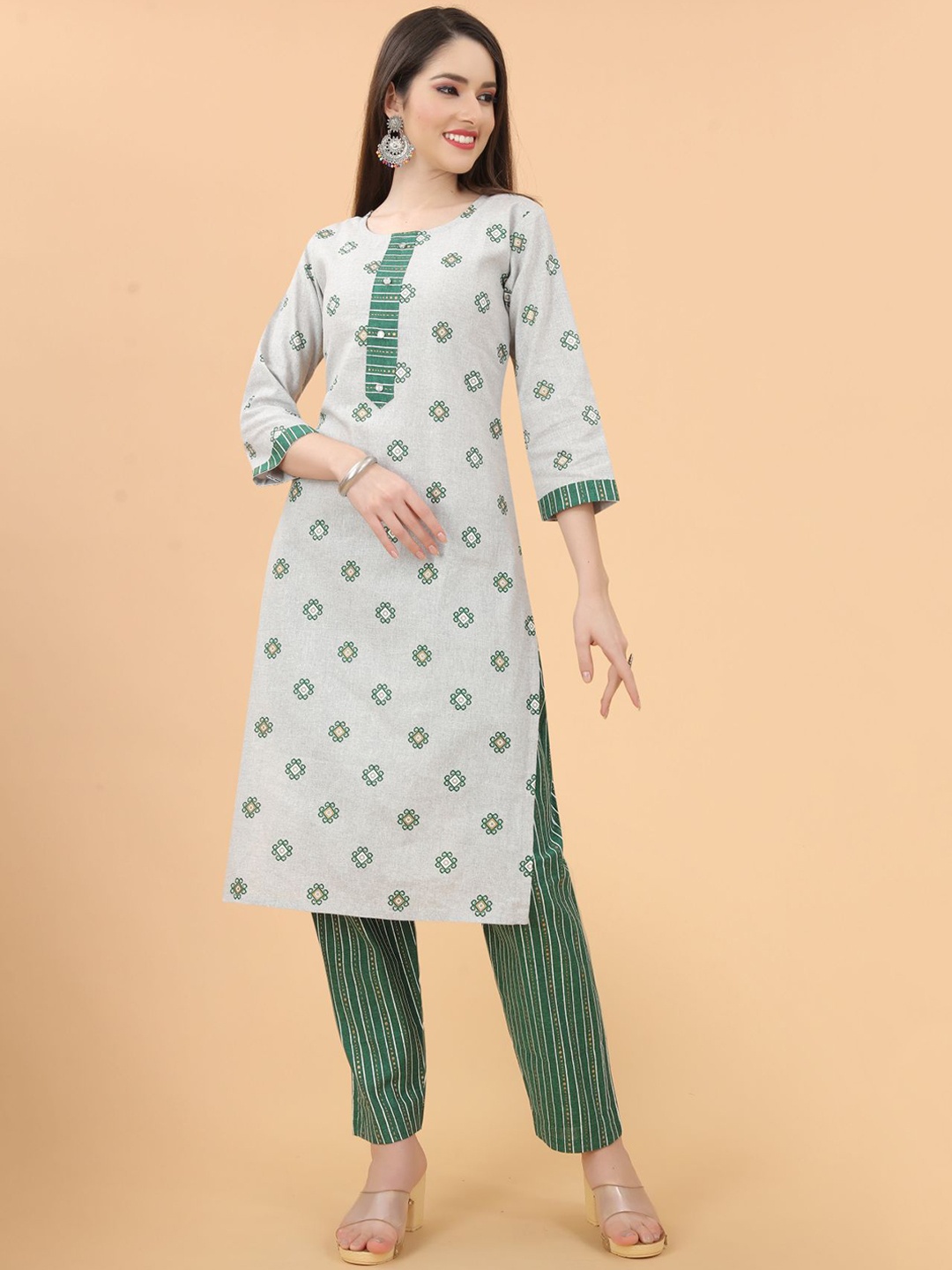 

KALINI Women Grey Ethnic Motifs Printed Mirror Work Pure Cotton Kurta with Trousers