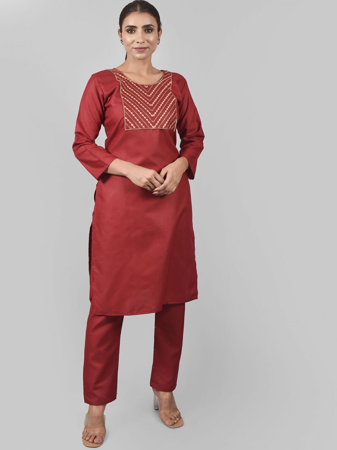 

KALINI Women Maroon Yoke Design Thread Work Pure Cotton Kurta with Trousers