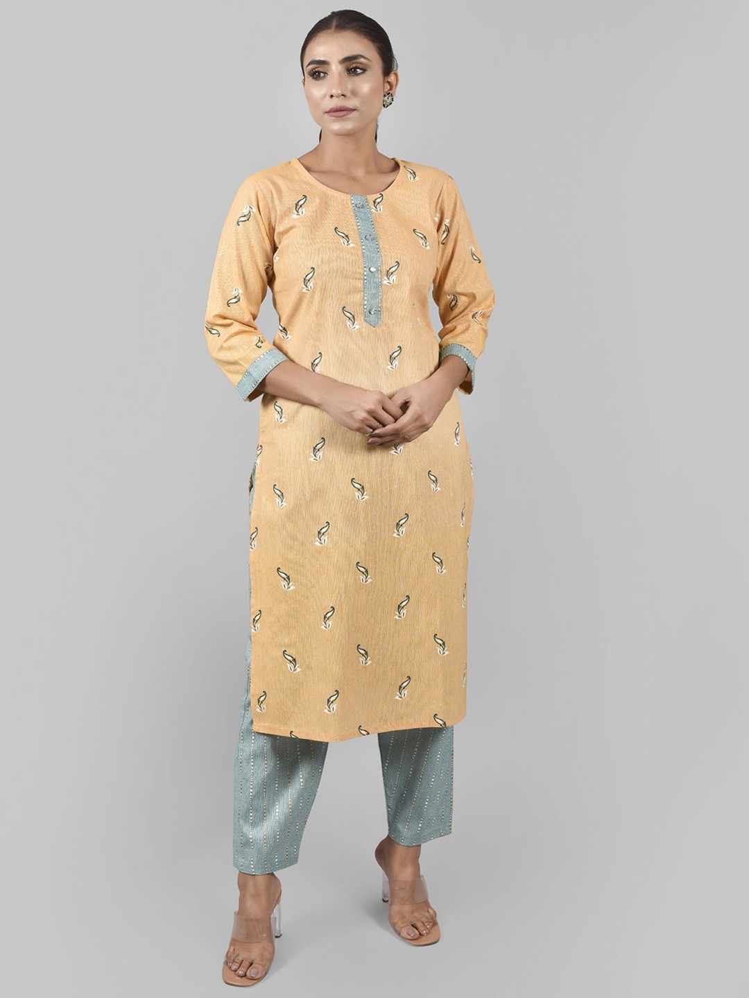 

KALINI Women Mustard Yellow Ethnic Motifs Printed Pure Cotton Kurti with Trousers