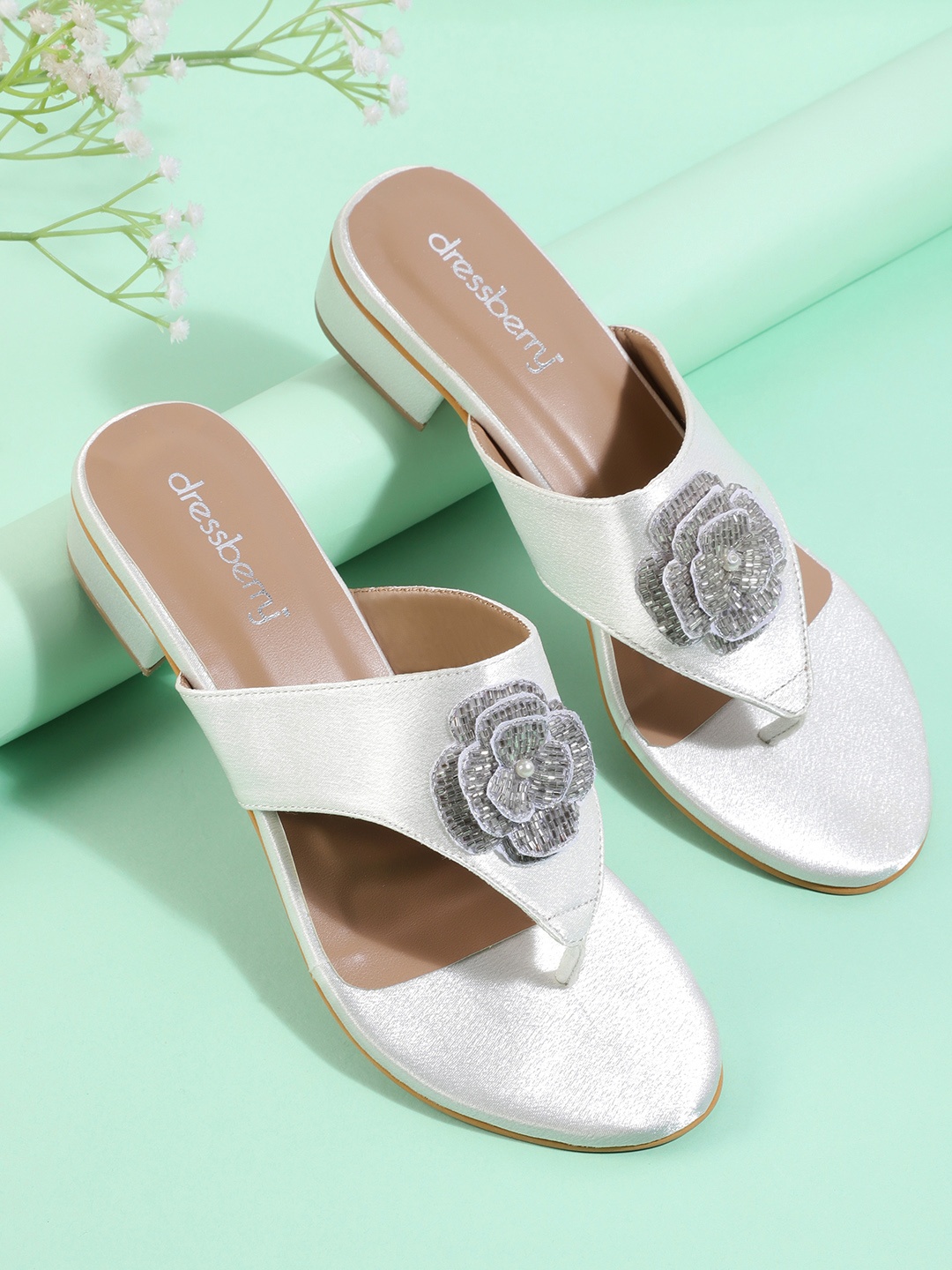 

DressBerry Embellished Comfort Sandals with Floral Accent, Silver