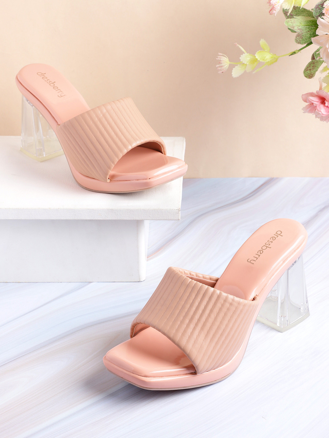 

DressBerry Women Textured Straps Block Heels, Pink