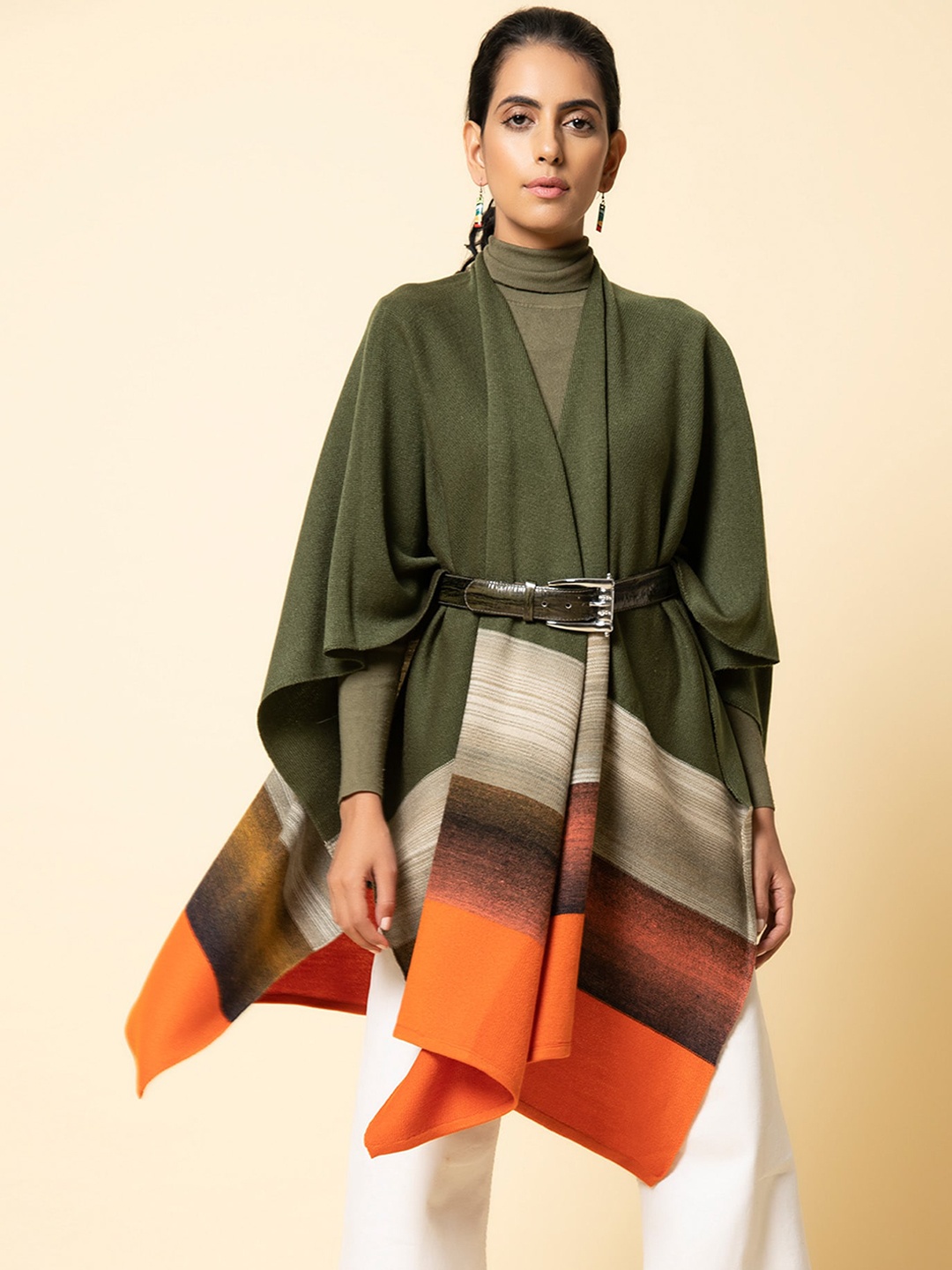 

KHALEEJ Colourblocked Wool Front-Open Longline Sweater, Olive