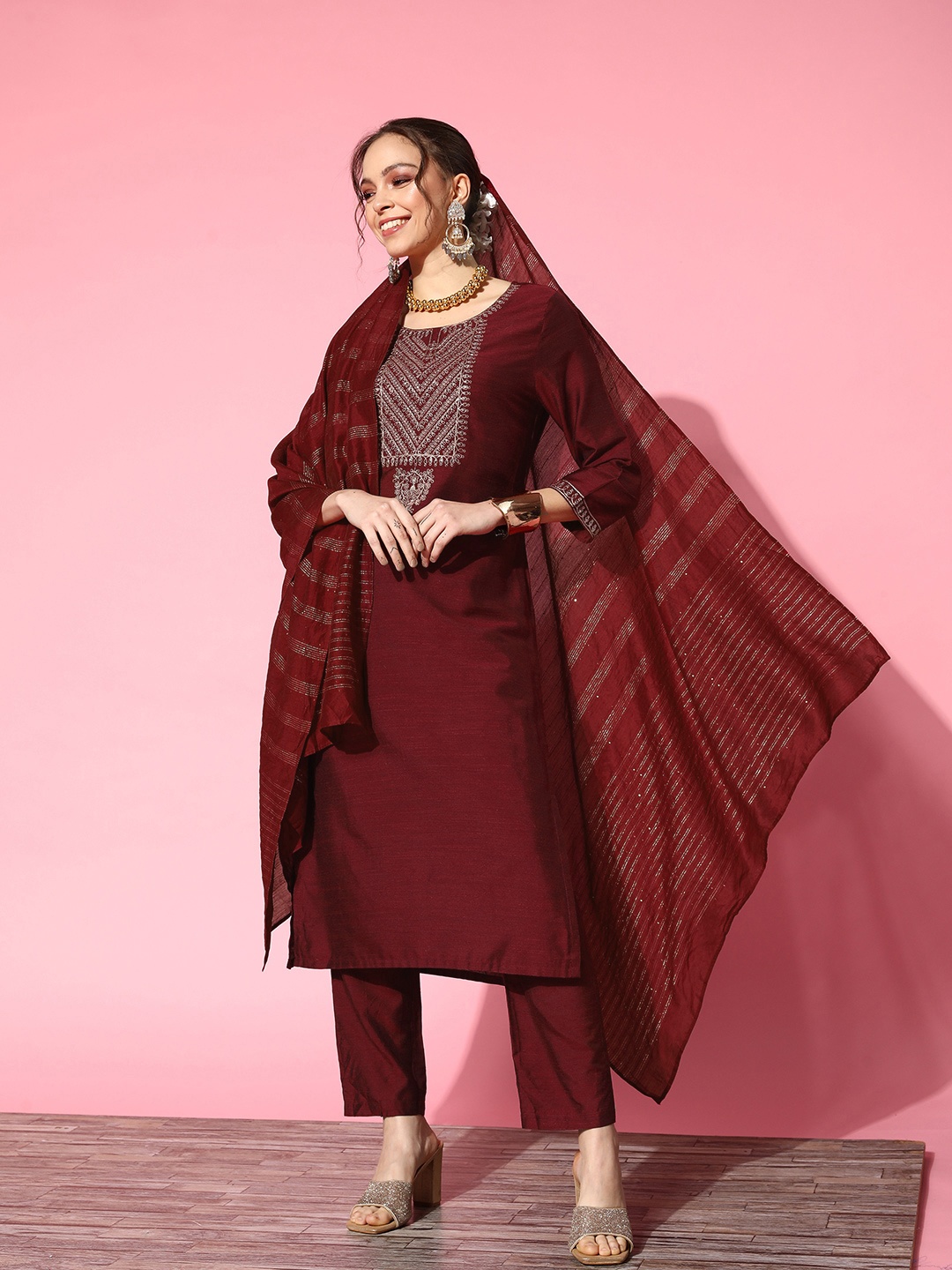 

Ishin Women Maroon Floral Yoke Design Kurta with Trousers & With Dupatta