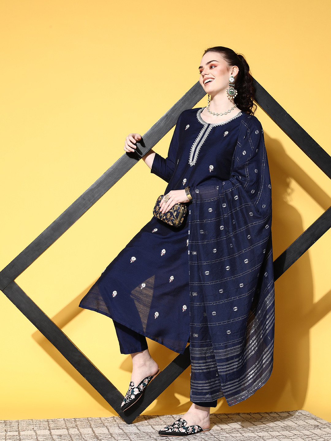 

Ishin Women Navy Blue Floral Embroidered Kurta with Trousers & With Dupatta