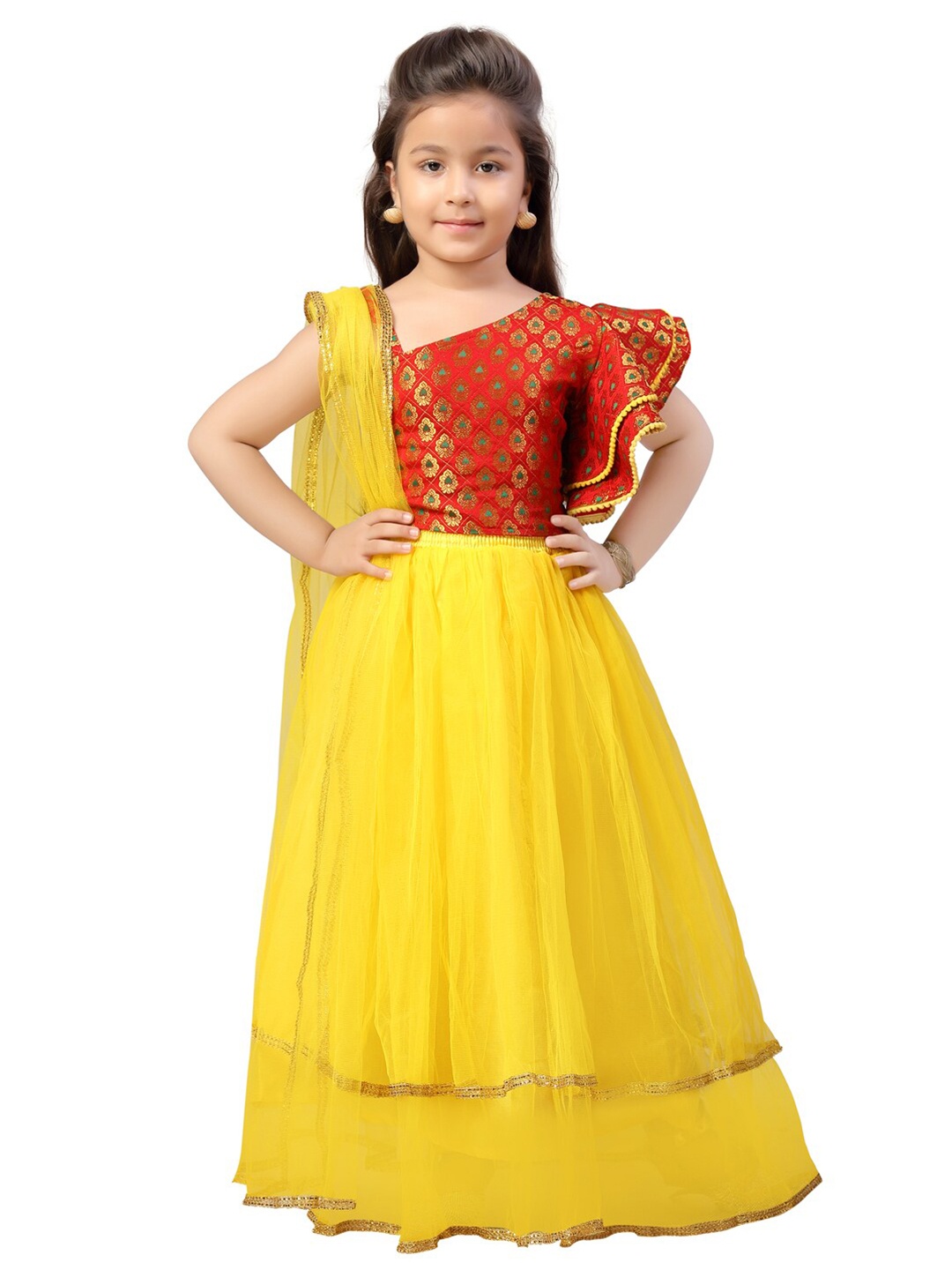 

Aarika Girls Red & Yellow Ready to Wear Lehenga & Blouse With Dupatta