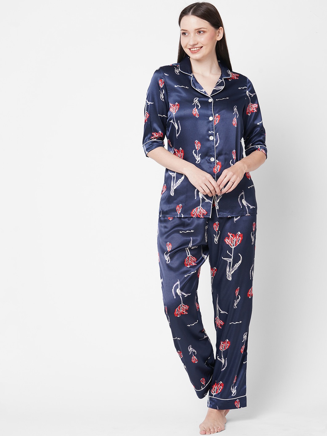 

Sweet Dreams Women Navy Blue & White Printed Night suit