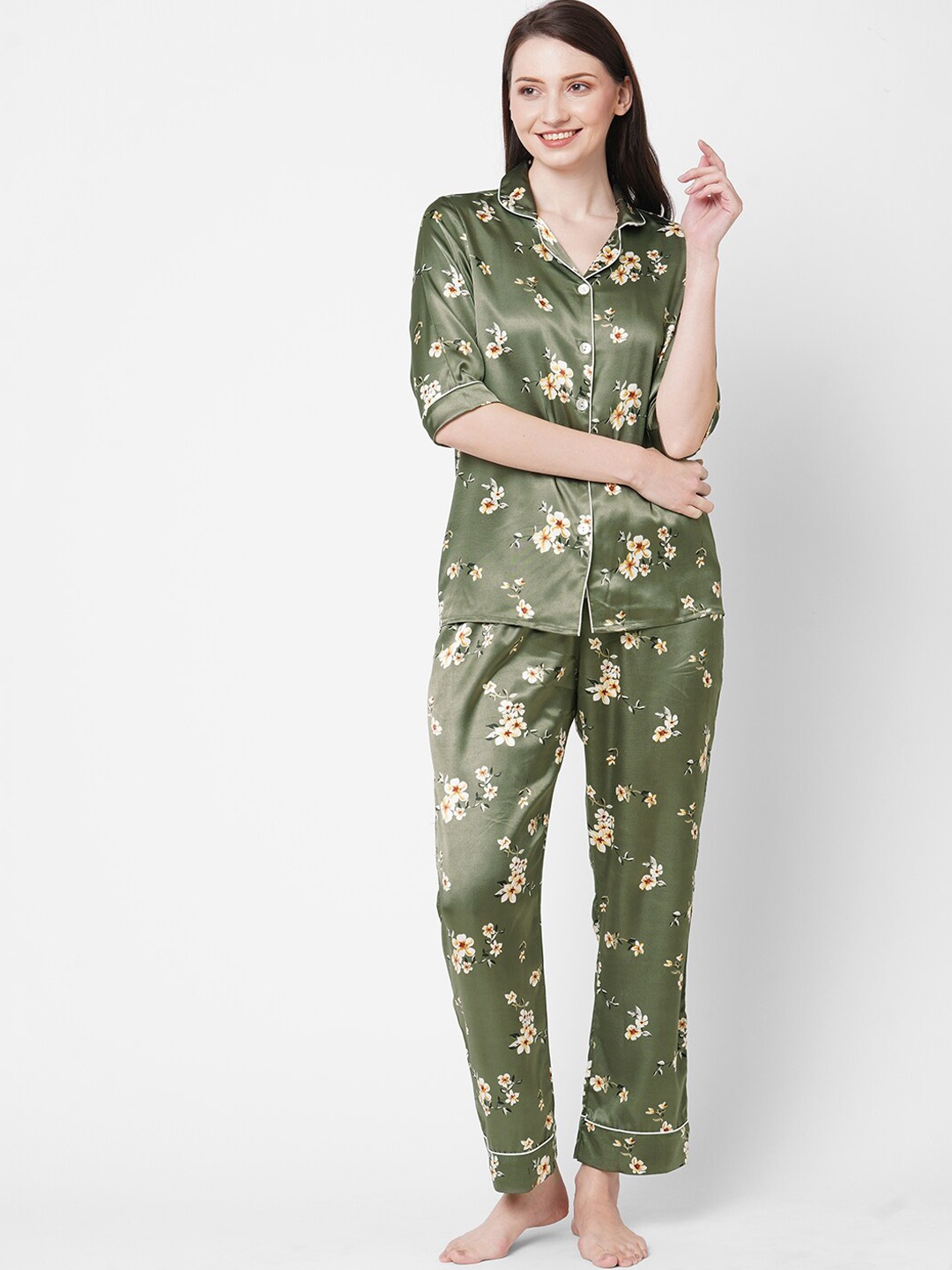 

Sweet Dreams Grey Floral Printed Satin Night Suit, Green