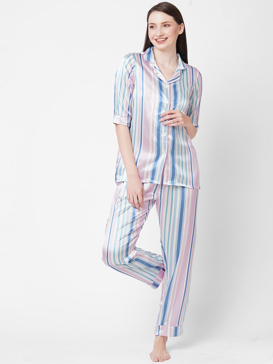 

Sweet Dreams Women Blue & Pink Striped Night suit