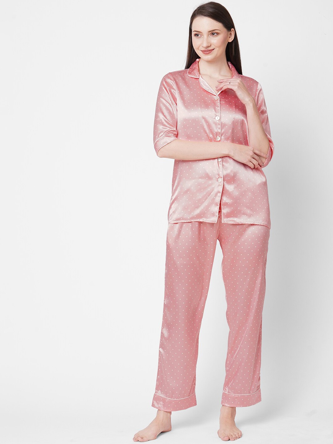 

Sweet Dreams Women Peach-Coloured & White Printed Night suit