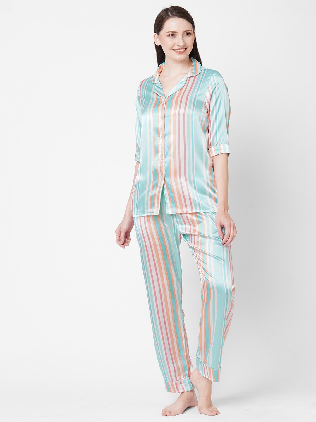 

Sweet Dreams Women Green & White Striped Night suit