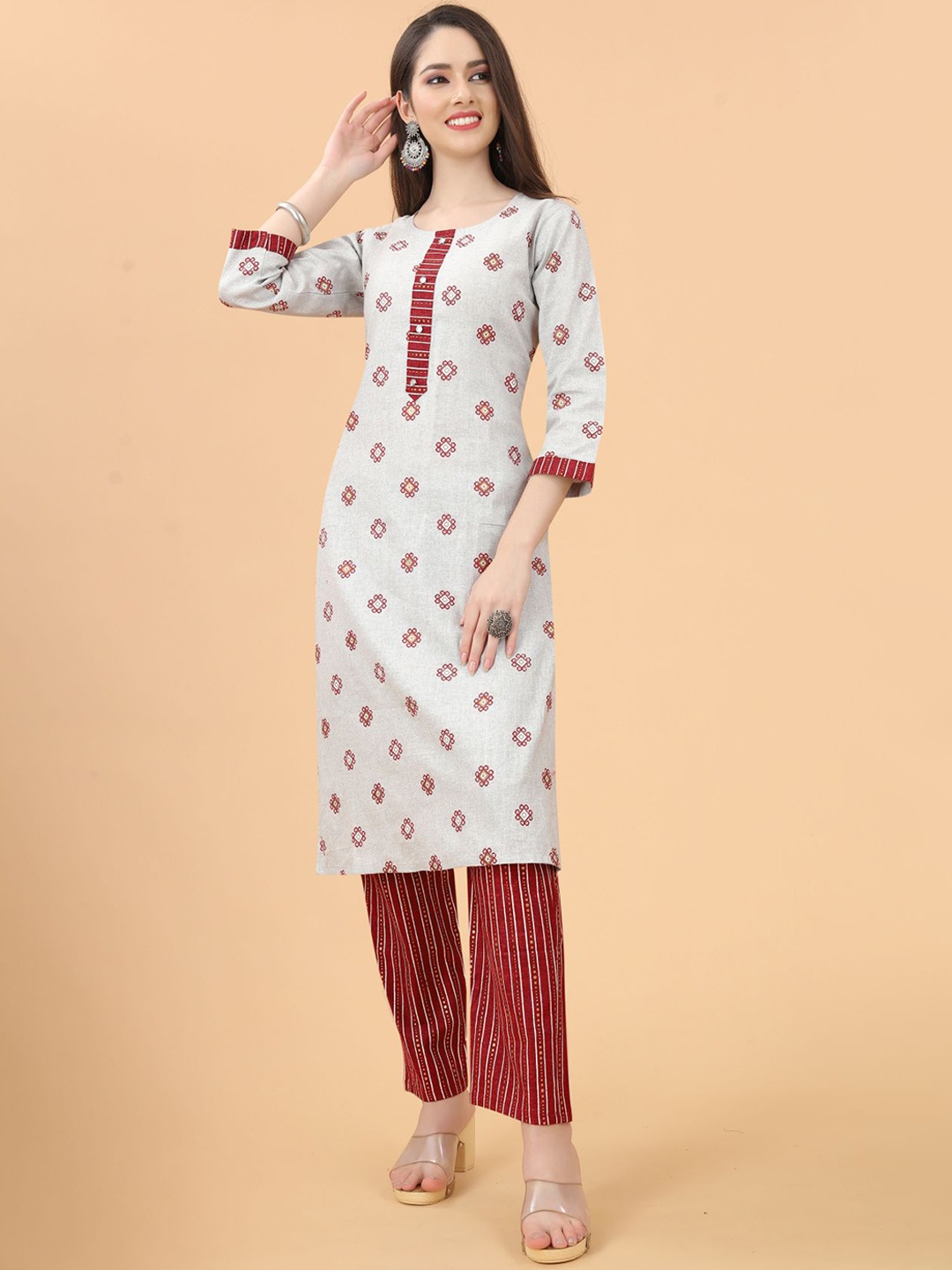 

KALINI Grey Printed Pure Cotton Kurta with Trousers