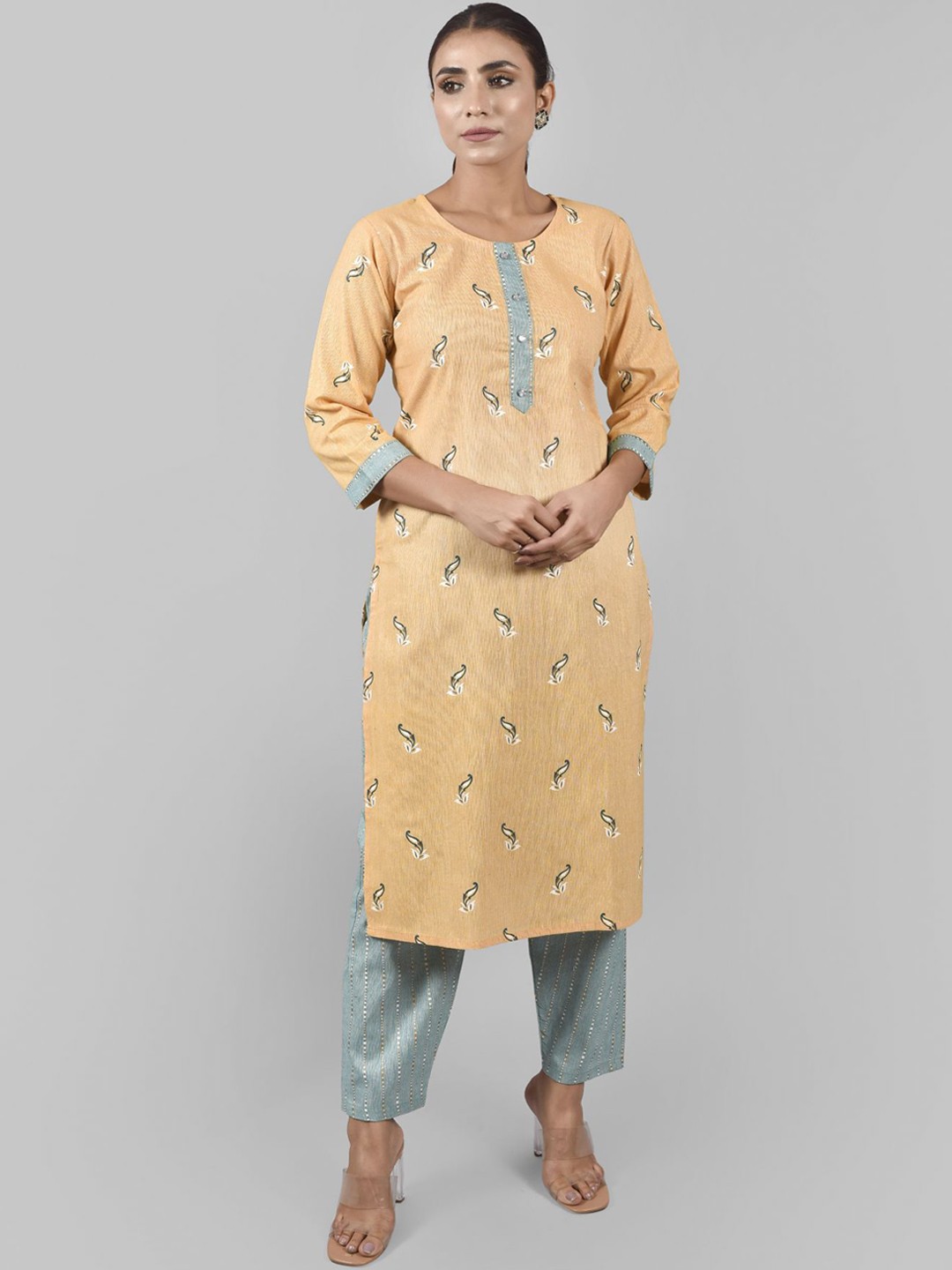 

KALINI Orange Printed Pure Cotton Kurti with Trousers