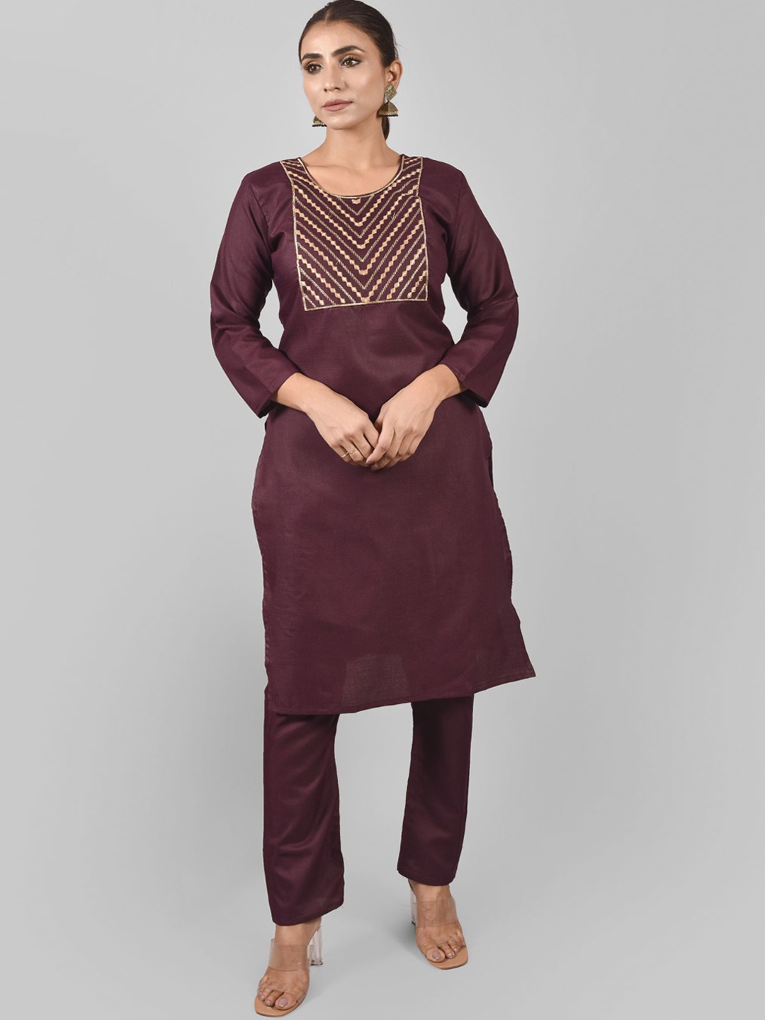 

KALINI Women Purple Embroidered Thread Work Pure Cotton Kurta with Pyjamas