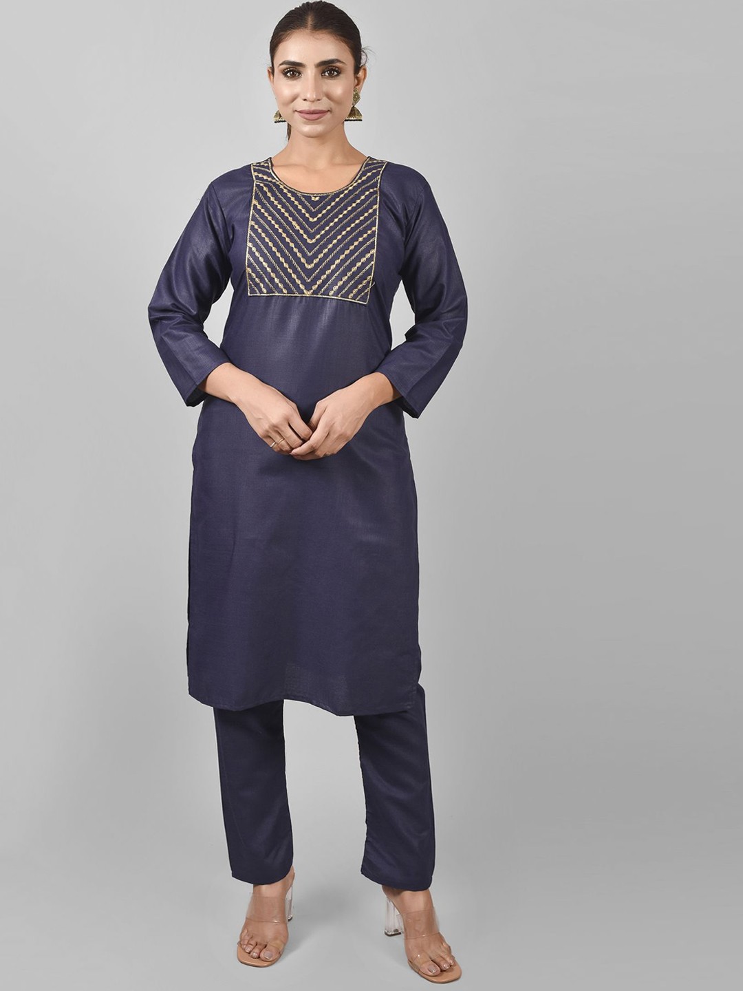 

KALINI Blue Printed Thread Work Pure Cotton Kurti with Trousers