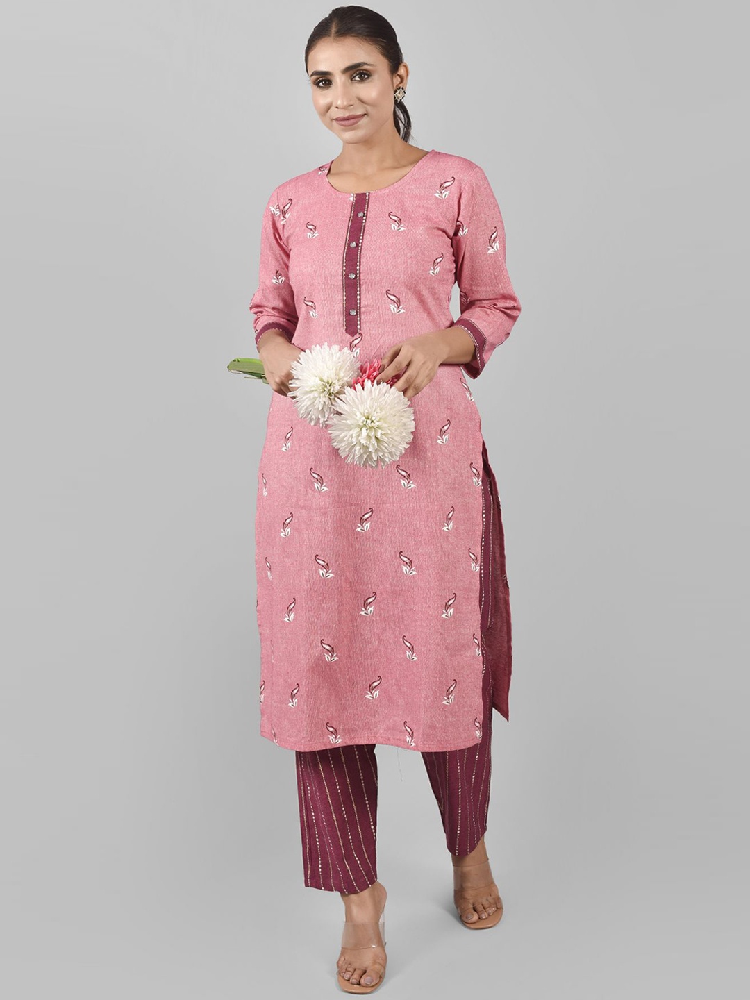 

KALINI Pink Ethnic Motifs Printed Pure Cotton Kurta with Trousers