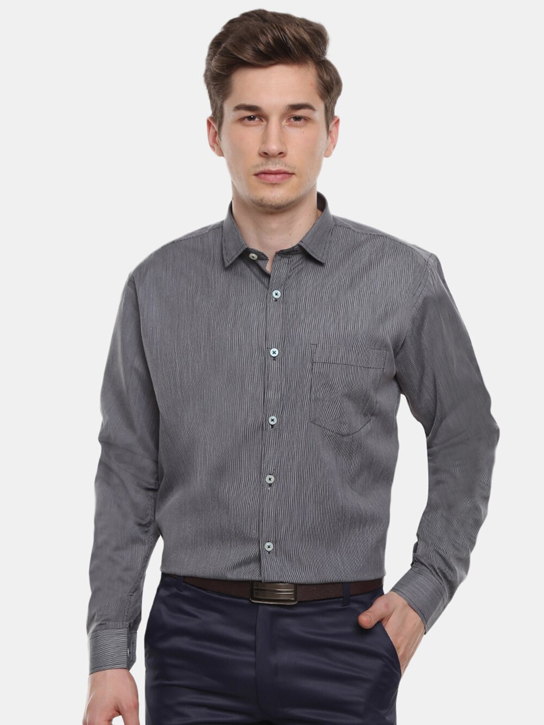 

V-Mart Men Classic Striped Cotton Formal Shirt, Grey